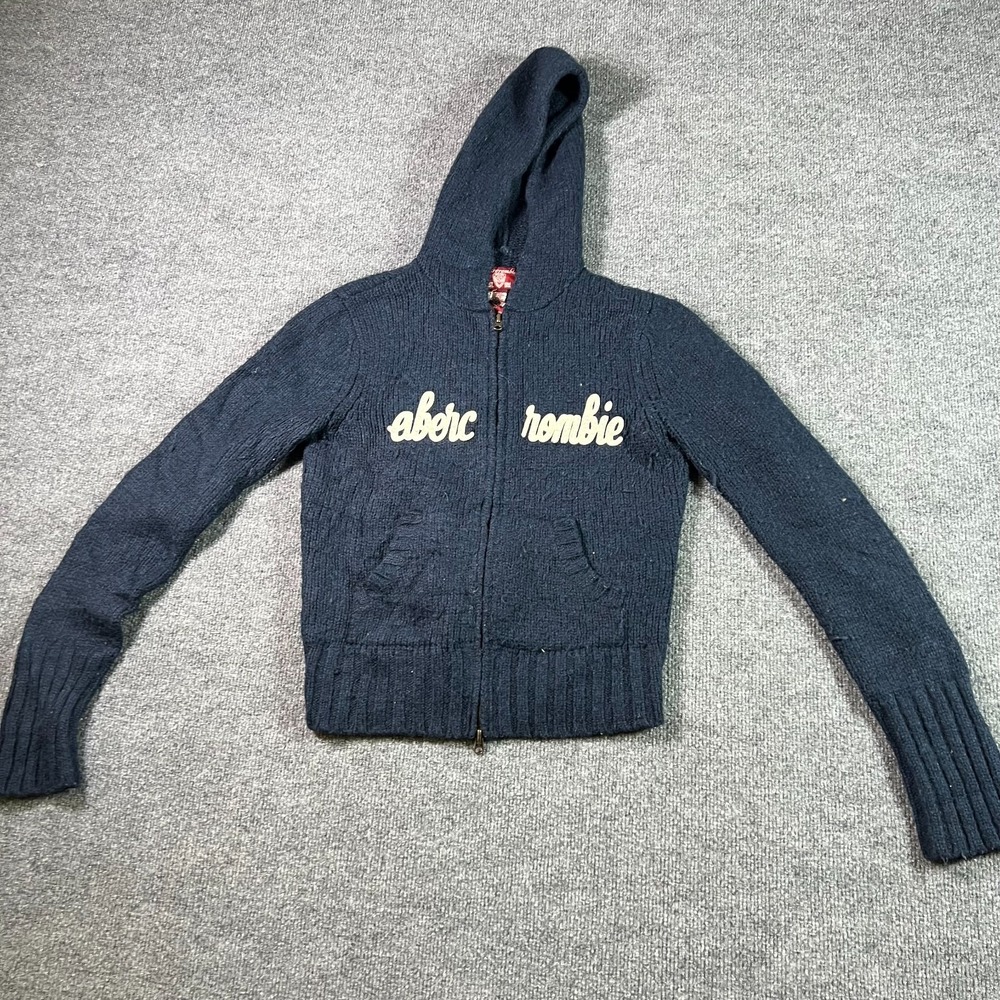 VTG Abercrombie Hoodie Women's XL Navy Blue Knit Script Logo Full Zip 90s Retro